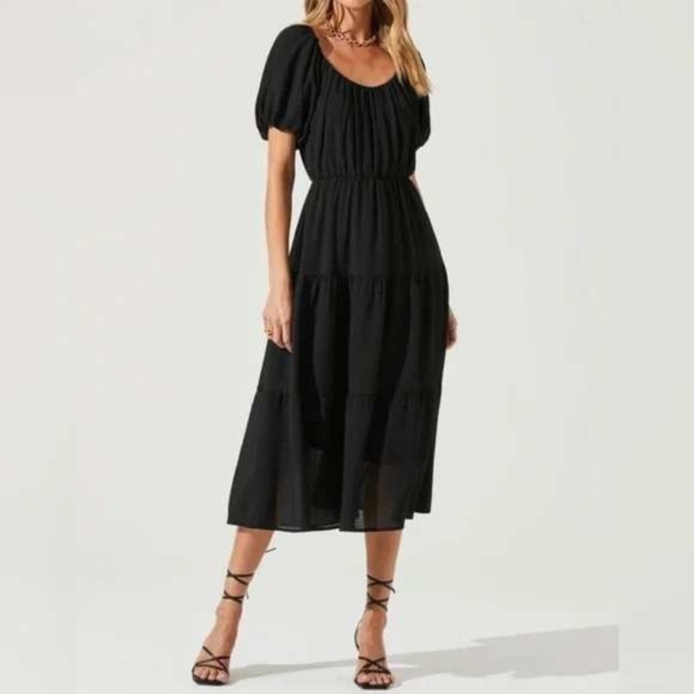 ASTR‎ the Label Puff Sleeve Scoop Neck Tiered Midi Dress Black Womens Small